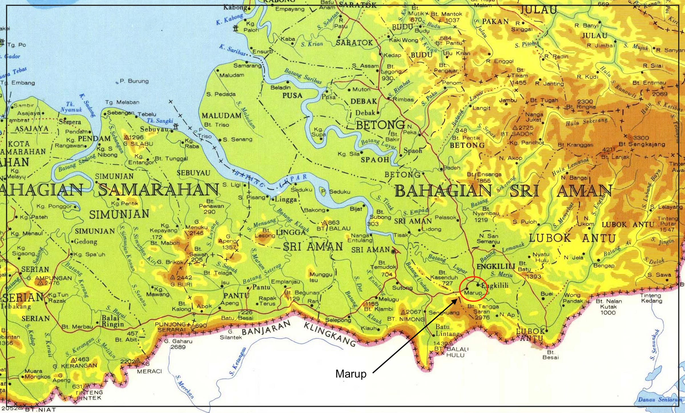 Map depicting the location of Marup, a historically significant yet often overlooked Chinese-Iban settlement in Sarawak, known for its gold-mining heritage and cultural fusion. Map depicting the location of Marup, a historically significant yet often overlooked Chinese-Iban settlement in Sarawak, known for its gold-mining heritage and cultural fusion.