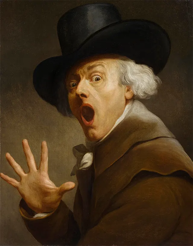 Joseph Ducreux's iconic self-portrait, aptly titled 'La Surprise,' revealing his masterful depiction of sudden emotion.