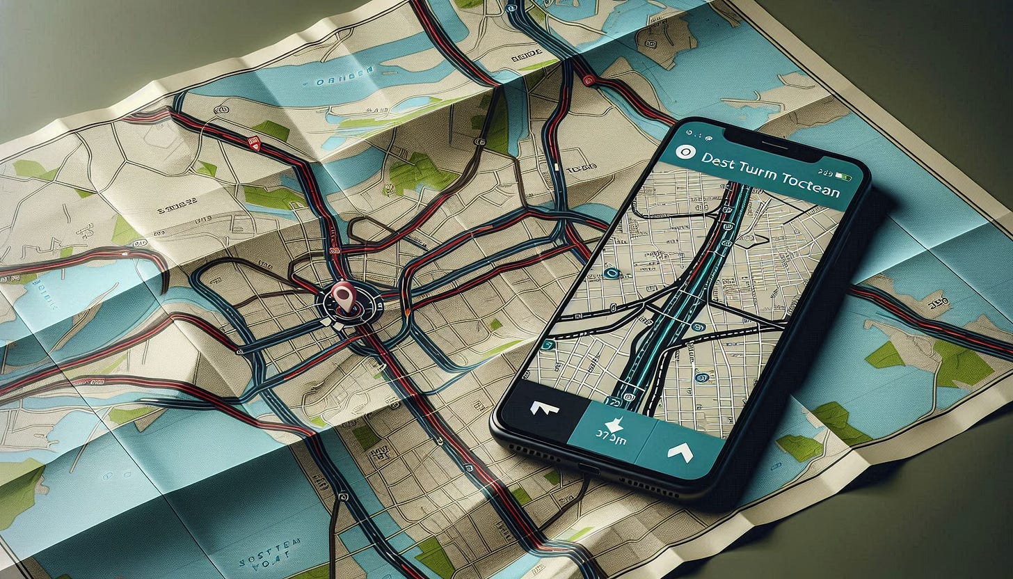 A paper map and a phone GPS on a table