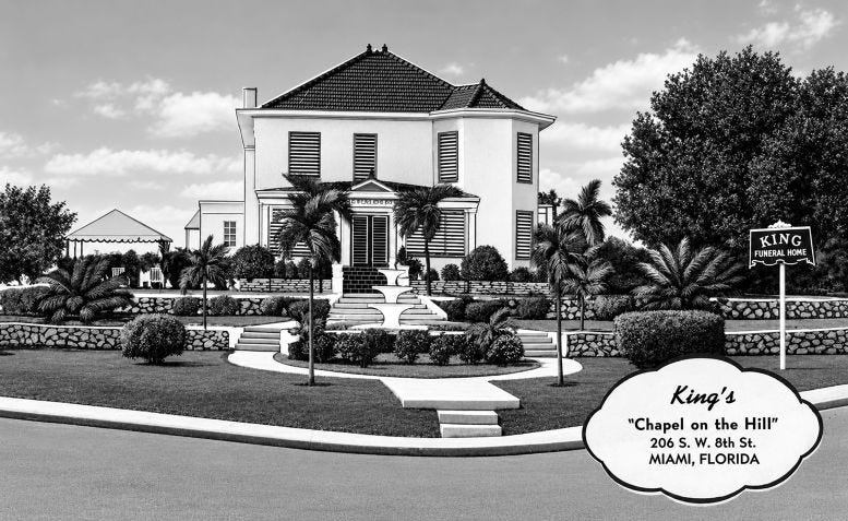 Postcard of King’s Funeral Home at 206 SW 8th Street in the Brickell neighborhood. Digitally enhanced with ChatGpt. Courtesy of Casey M. Piket. Postcard of King’s Funeral Home at 206 SW 8th Street in the Brickell neighborhood. Digitally enhanced with ChatGpt. Courtesy of Casey M. Piket.