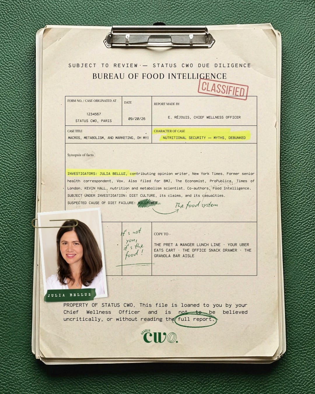 Classified case file cover design for a Status CWO Due Diligence piece on nutrition myths, styled as an FBI report with redacted text and a clipped photo of journalist Julia Belluz Classified case file cover design for a Status CWO Due Diligence piece on nutrition myths, styled as an FBI report with redacted text and a clipped photo of journalist Julia Belluz