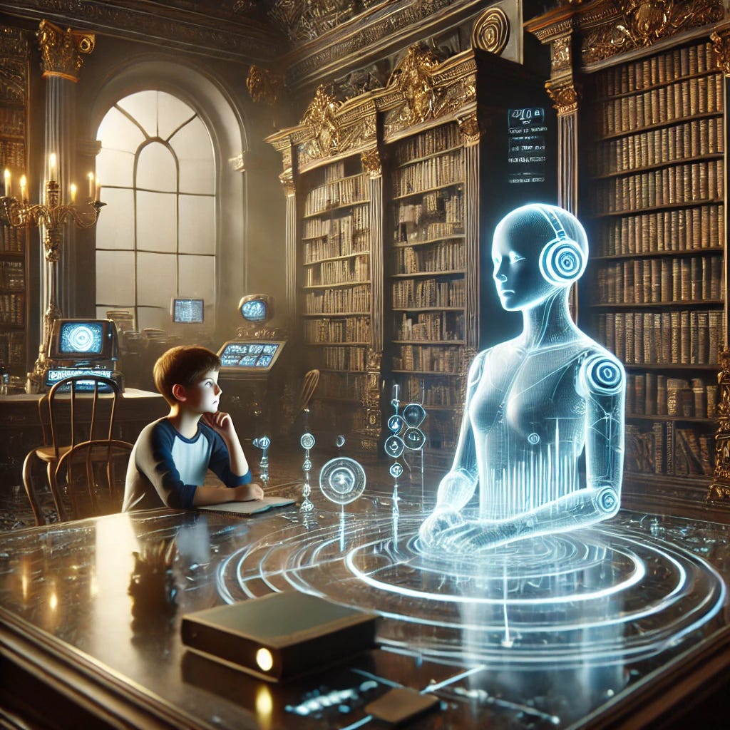 A futuristic classroom blending traditional Socratic dialogue with advanced AI interfaces. A young student is sitting across from a holographic AI tutor that appears thoughtful, guiding with questions rather than lecturing. The classroom mixes ornate, Victorian-style bookshelves and furniture with glowing, high-tech displays and floating educational symbols. The scene evokes the aesthetic of The Diamond Age—fusing classic wisdom with advanced technology. Soft lighting casts a calm, reflective mood. The focus is on conversation and inquiry, not passive learning.