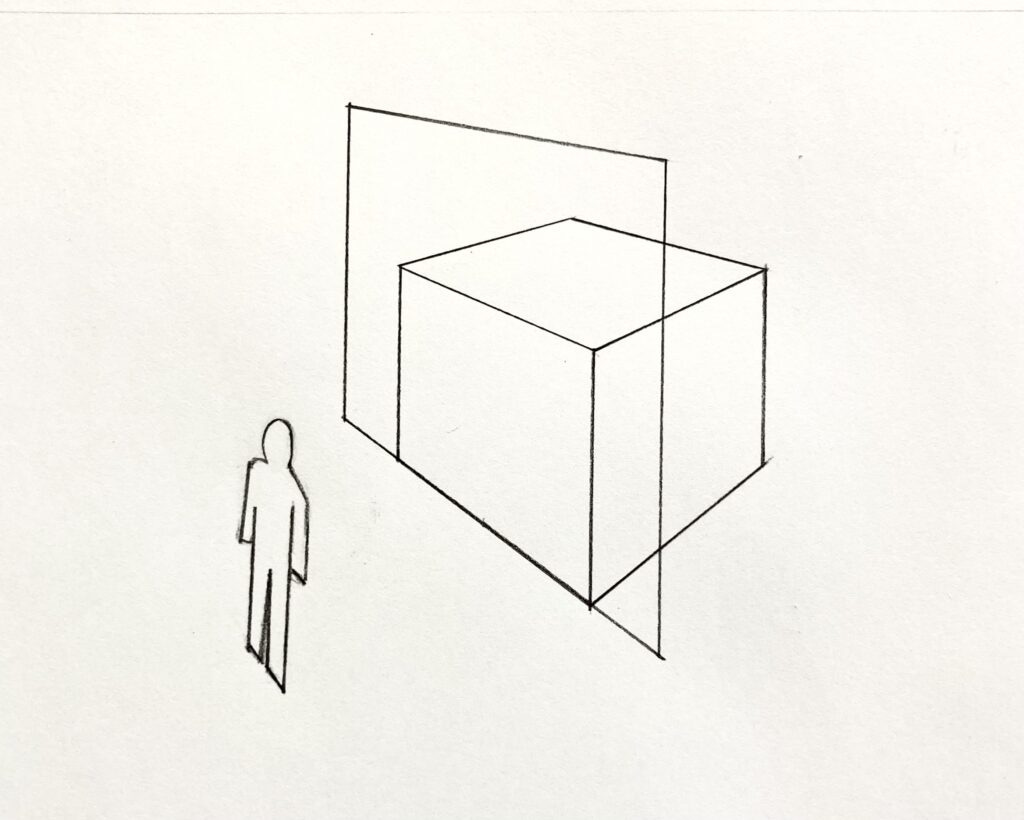 パース透視図法の原理・仕組み 箱の前に透明なガラスの板を置く