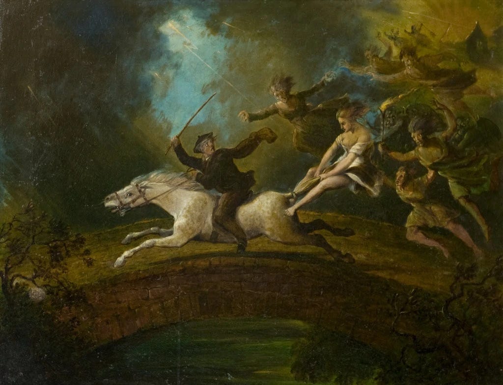 A painting of a man on a horse riding over a bridge. He's holding a sword and being chased by monsters. A painting of a man on a horse riding over a bridge. He's holding a sword and being chased by monsters.