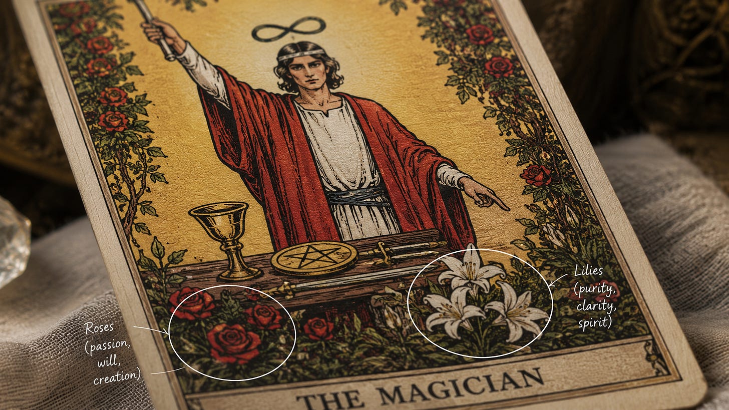 The Magician card from a vintage tarot deck, with roses and lilies growing along the lower border of the card.