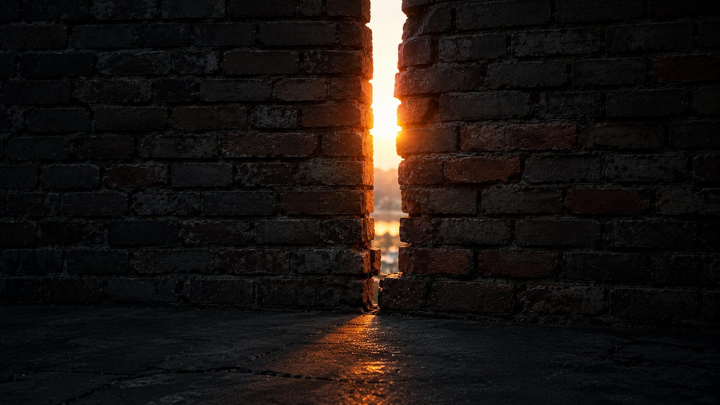 broken brick wall with the sunlight shining through