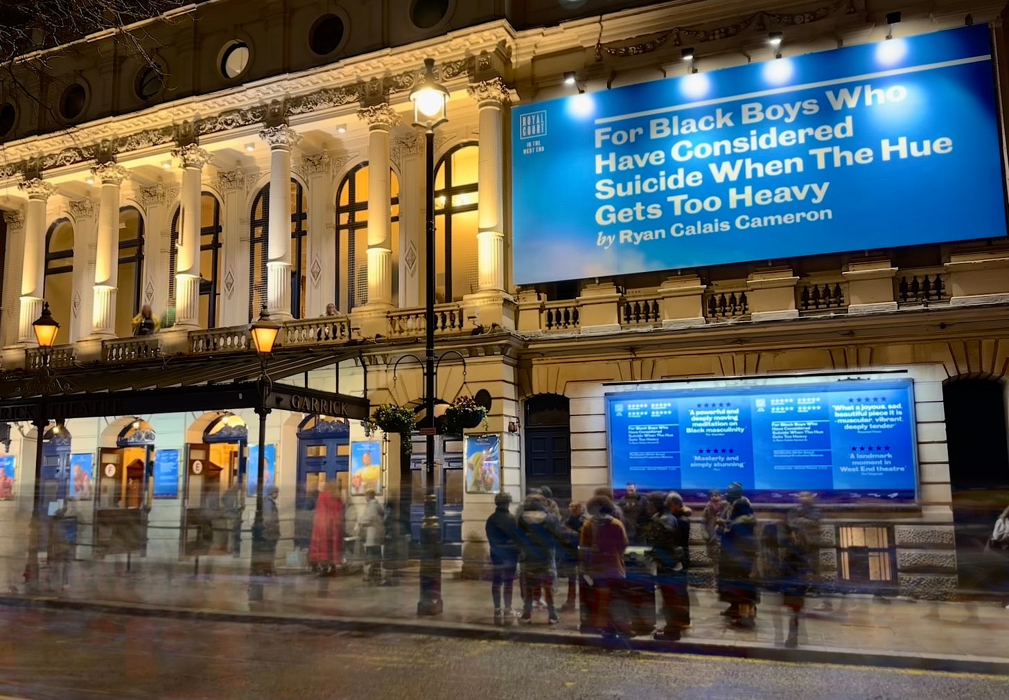 A long-exposure photo of a theatre in London at night showing the amazing show "For Black Boys Who Have Considered Suicide When The Hue Gets Too Heavy". If you didn't see it last year, then you really missed out.
