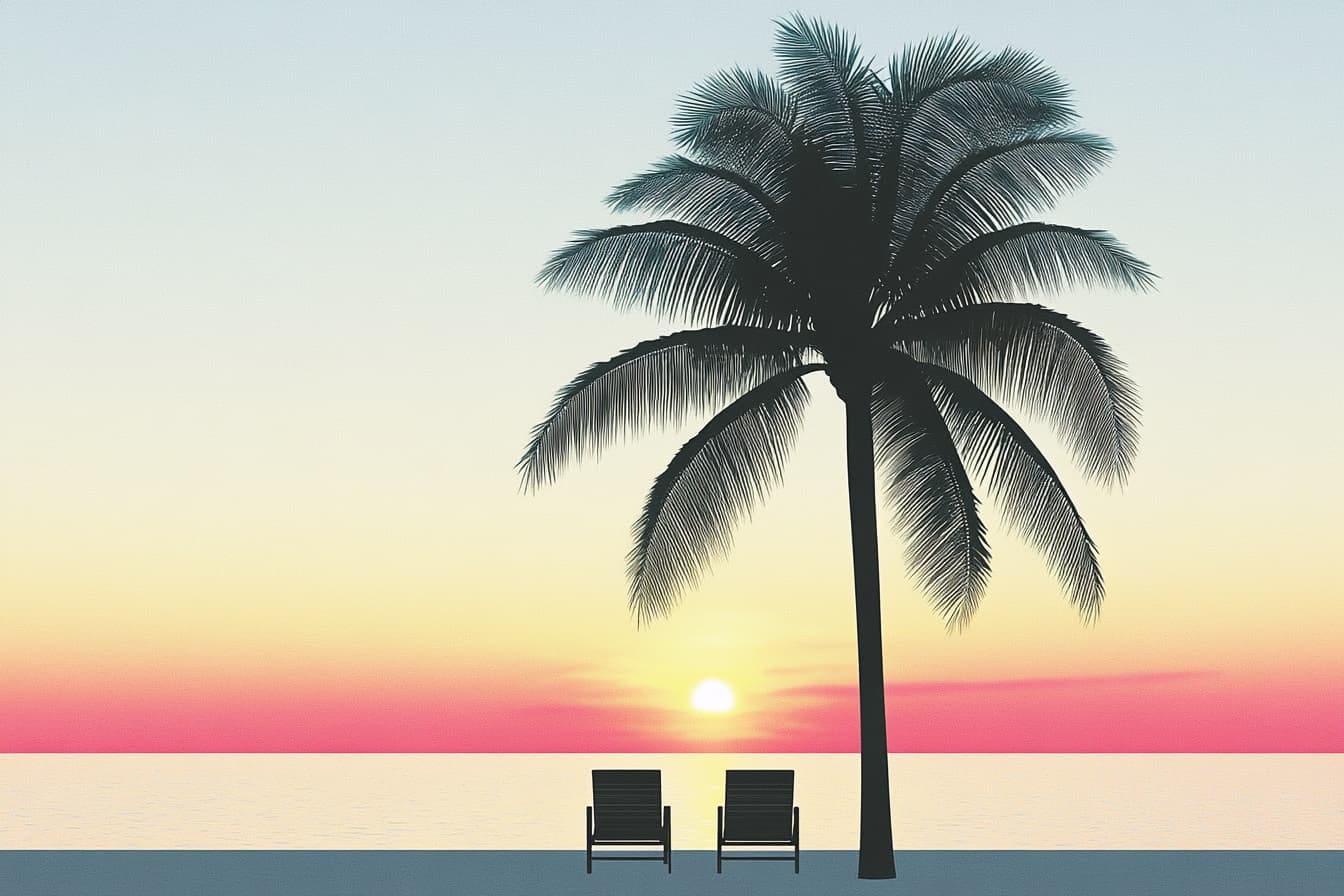 two adirondack chairs on a beach at sunset, next to a palm tree