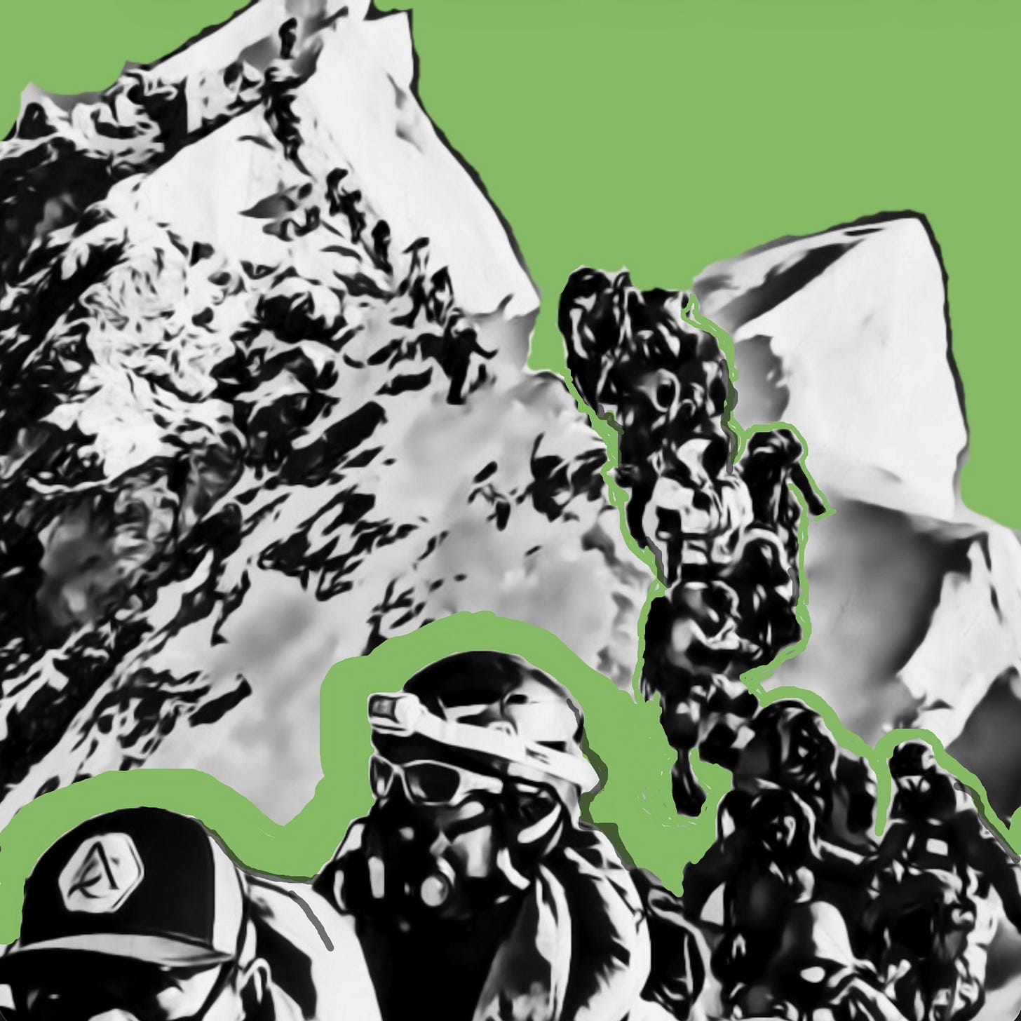 Photo illustration of a traffic jam on Everest. Photo illustration of a traffic jam on Everest.