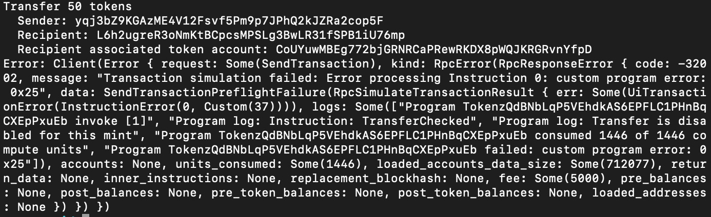 CLI output showing a failed transfer for a non-transferable Token-2022 token
