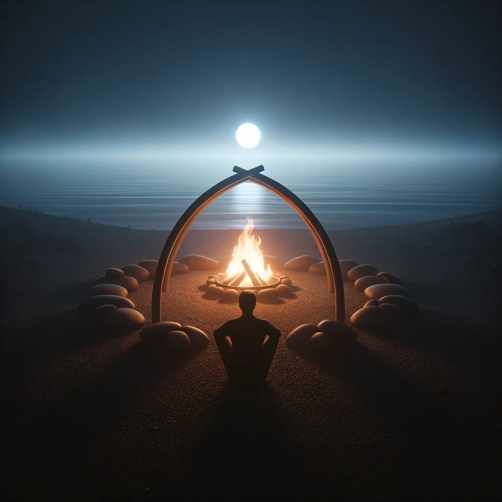A serene scene showing the silhouette of a person sitting in front of a campfire. The campfire is enclosed within a simple, smaller circle of stones on the ground, resembling a typical campfire setting. The fire glows warmly, casting a soft light and creating gentle flickering shadows around the area. The background is calm and dark, highlighting the contrast between the darkness of the night and the inviting light of the campfire. The person's silhouette appears relaxed and reflective, symbolizing a moment of tranquility and connection with the natural surroundings.