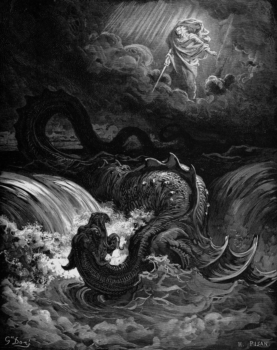1865 engraving of "Destruction of Leviathan" by Gustave Doré. At bottom, a reptilian beast, writhing on the waves. At top, emerging from parted clouds and light, God, wielding a sword.