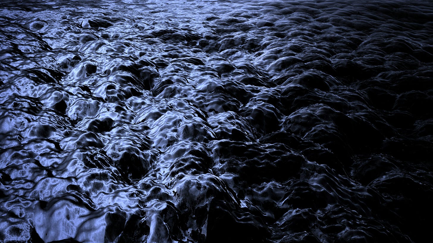 Dark, glossy ripples resembling thick liquid; blue highlights fade into black