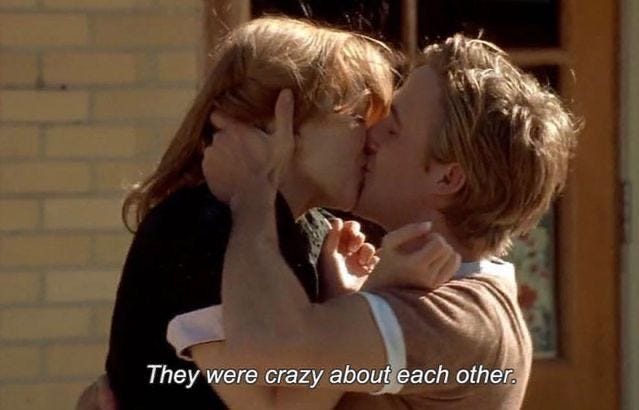 This may contain: a man and woman kissing each other in front of a brick building with the words, they were crazy about each other