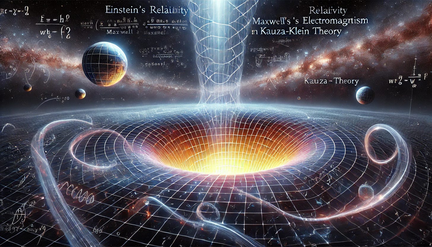 A surreal cosmic landscape illustrating the concept of extra dimensions. A vast, glowing grid of space-time stretches into the distance, with swirling magnetic fields woven into its fabric. A large, curved portal represents a hidden extra dimension, subtly curled up like a tube. Floating equations of Einstein’s relativity and Maxwell’s electromagnetism blend seamlessly, symbolizing their unification in Kaluza-Klein theory. A bright, mysterious force emerges from the extra dimension, representing the hidden influence of magnetism and gravity on the universe.