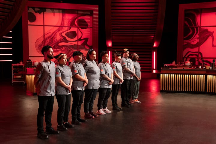 A behind-the-scenes look at Season 2 of Morimoto’s Sushi Master: A group photo of all the contestants standing proudly in the competition kitchen, ready to showcase their skills, followed by a moment with Chef Marisa Baggett standing beside Iron Chef Masaharu Morimoto, reflecting the excitement and anticipation of the season.