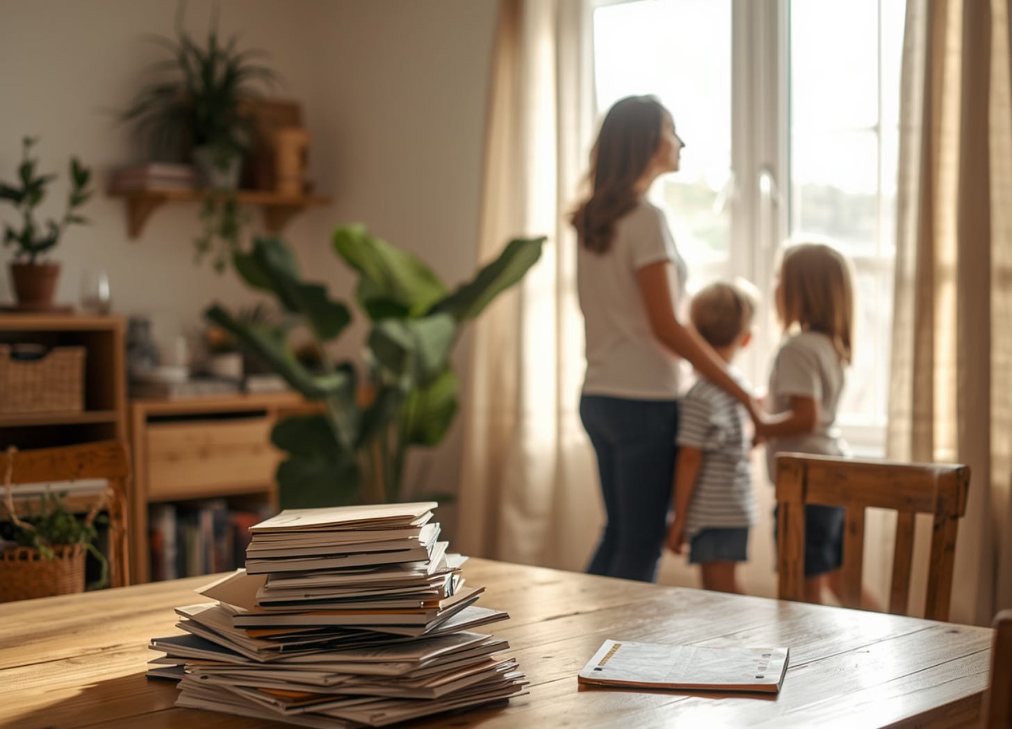 A homeschooling mom and her two children take a moment to look out the window, leaving the overwhelm behind.