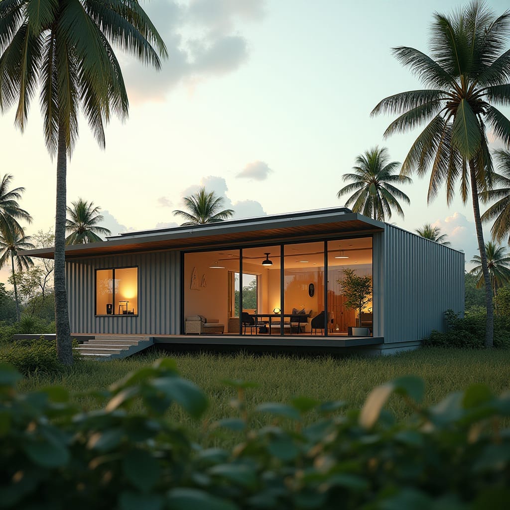 A sleek, eco-friendly container house in Jamaica, designed with modern aesthetics and sustainability in mind. The home is constructed from repurposed shipping containers, featuring large windows for natural light and ventilation. Solar panels line the roof, providing clean energy, while rainwater harvesting tanks are discreetly placed around the structure. The exterior is a blend of steel, wood accents, and glass, creating a harmonious balance between industrial chic and eco-conscious design. Minimal greenery surrounds the house, with palm trees swaying gently in the tropical breeze, set against a serene Jamaican landscape. Sustainable living, modern container design, tropical eco-home.