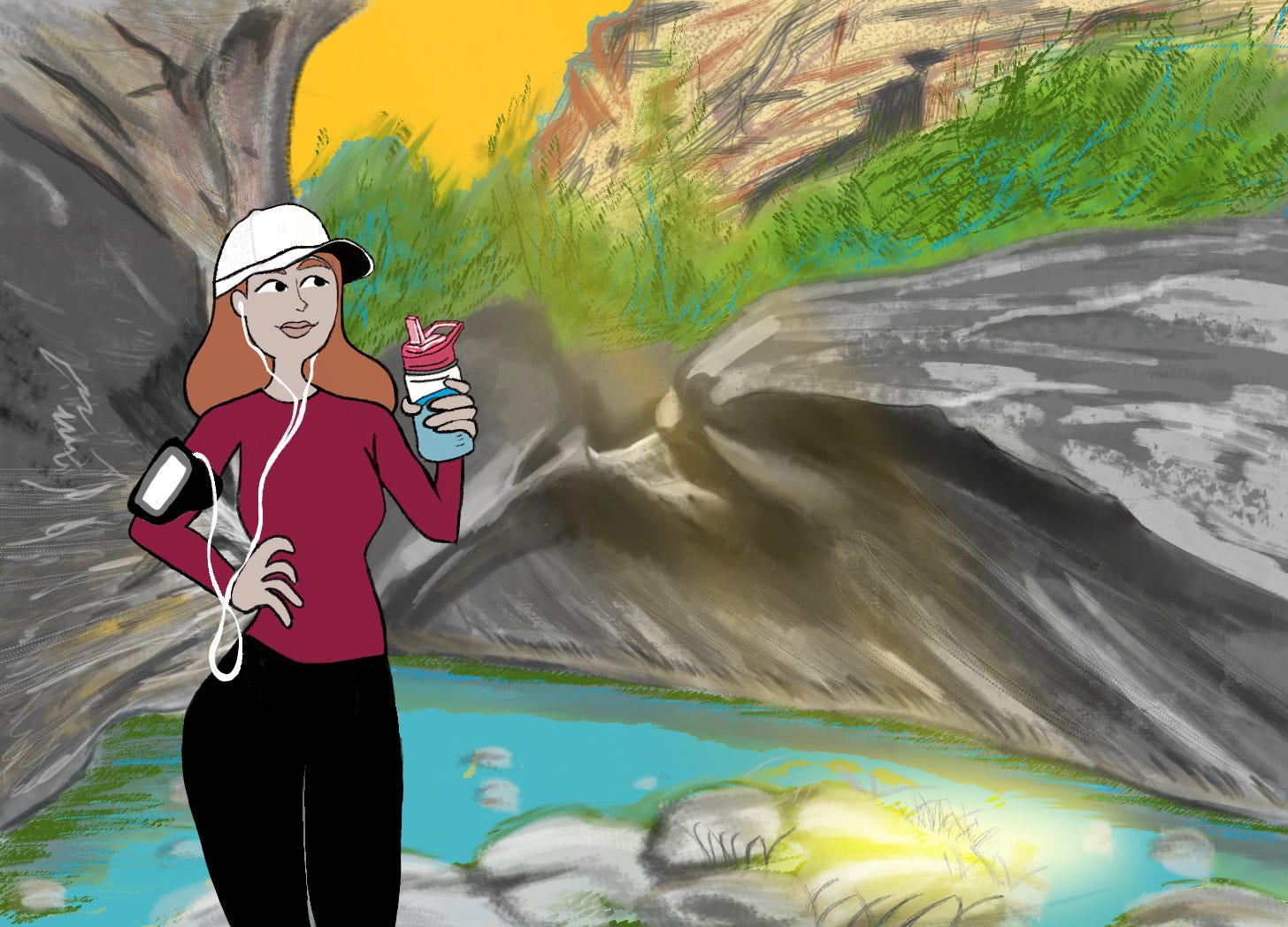 An illustration of a woman not experiencing dehydration while hiking. She is drinking water, wearing a hat, a long-sleeved shirt, and is resting in the shade away from direct sunlight.