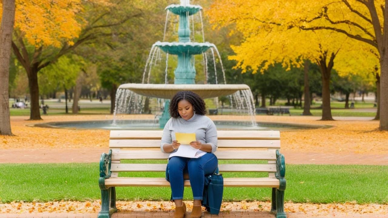 African American woman sitting in the park on the bench in front of fountain in the fall writing a letter. African American woman sitting in the park on the bench in front of fountain in the fall writing a letter.