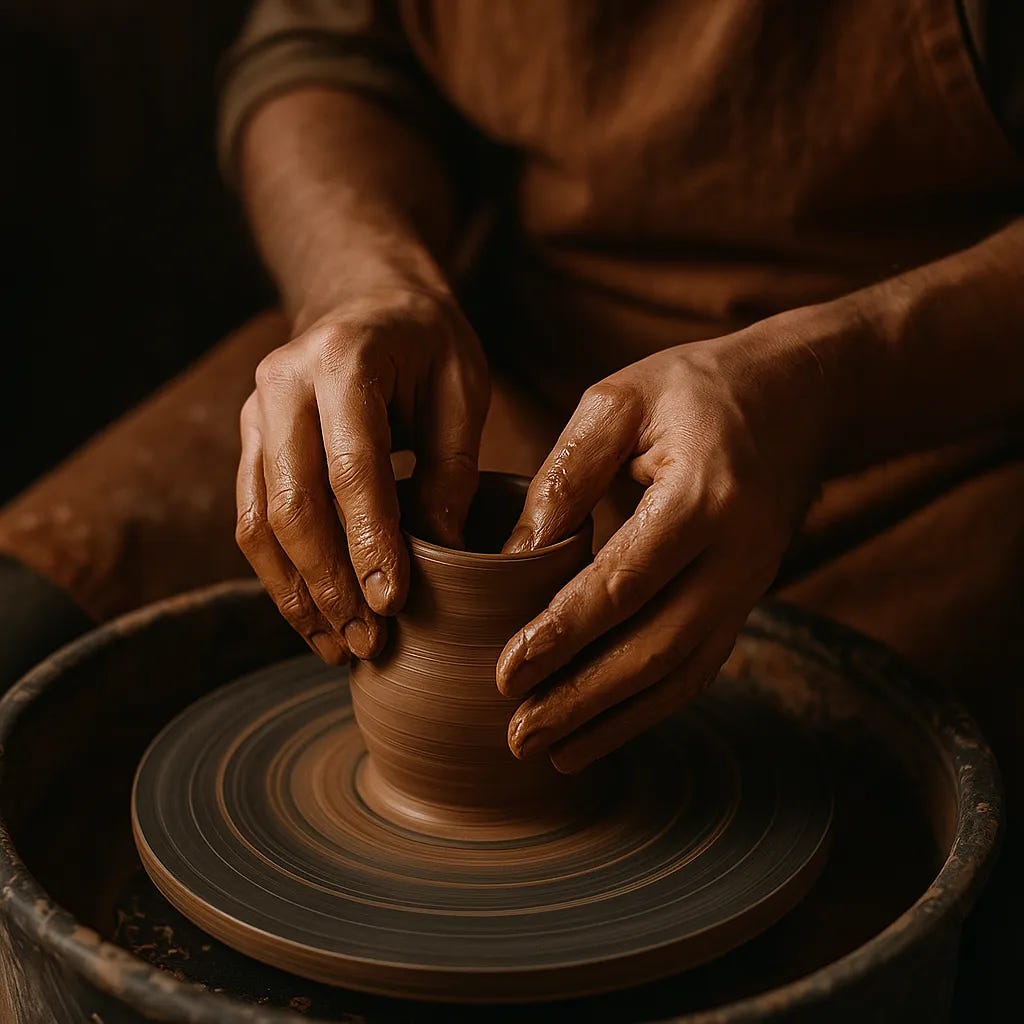 Hands shaping clay on a pottery wheel, illustrating how our habits shape us like a potter shapes clay