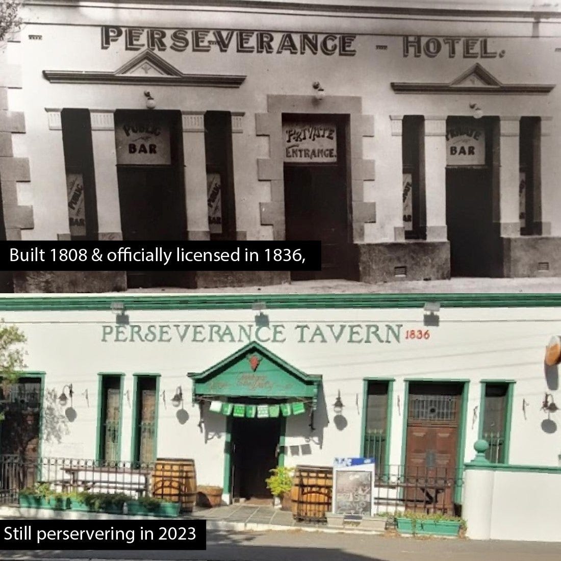 May be an image of text that says "PERSEVERANCE HOTEL. Built 1808 & officially licensed in 1836, PERSEVERANCE TAVERN 1836 Still perservering in 2023"