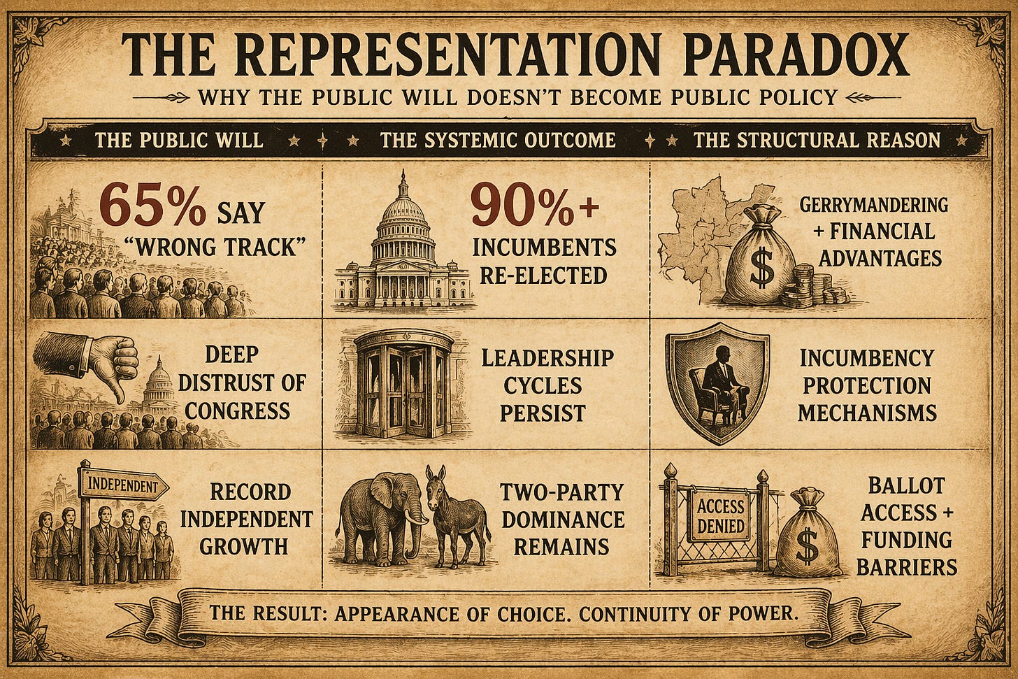 A vintage-style infographic titled “The Representation Paradox” compares public opinion with political outcomes. The left column shows widespread dissatisfaction, including “65% say wrong track,” “deep distrust of Congress,” and “record independent growth.” The middle column shows outcomes such as “90%+ incumbents re-elected,” “leadership cycles persist,” and “two-party dominance remains.” The right column explains structural reasons including gerrymandering, financial advantages, incumbency protection mechanisms, and ballot access and funding barriers. The image highlights the disconnect between voter sentiment and political results.