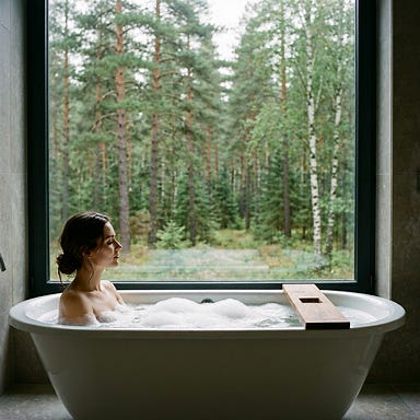 Forest-view bubble bath