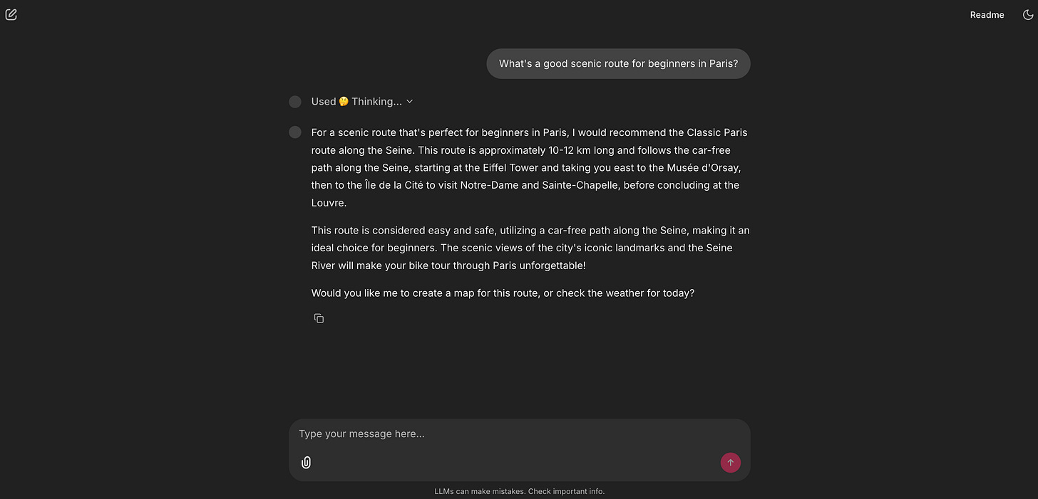 A screenshot showing the agent’s response to ‘scenic route for beginners,’ with details about the Seine path.