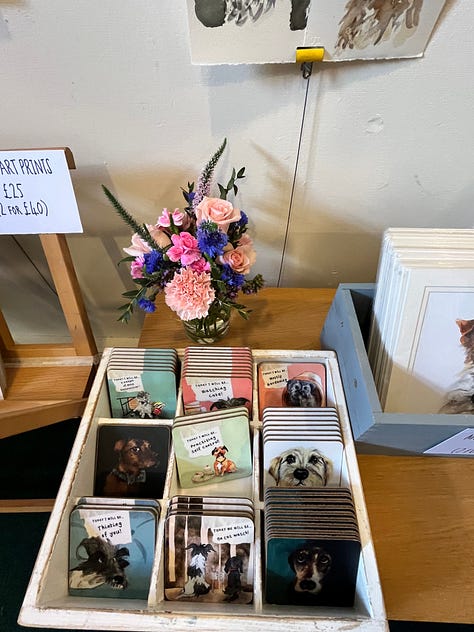 Photo of Dog portraits hung on the wall of the artist Jo Scotts Studio