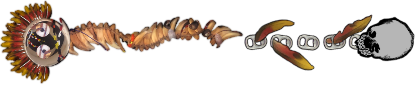 A divider with mixed materials put together to create skeletal-like figures on their sides. The figure on the left is made from bilas, traditional wear from Papua New Guinea. It's head is a kina shell bracelet and two smaller shells with hollow centres to create eyes, and is wearing a bird of paradise feather headband (red, yellow and black in colour). It's spine is a string of yellowed pig's teeth. Various colourful bead and shell necklaces can be seen scattered throughout. On the right, the greyscale figure consists of a digitally drawn skull with metal pull-tabs for a spine and bird of paradise feathers poking through it, feathers being the only colour it has. A divider with two photo-bashed, skeletal figures on their sides. The left figure is made from bilas (Papua New Guinean traditional wear). It's head is a kina shell bracelet with two smaller shells with hollow centers as eyes, and is wearing a bird of paradise feather headband (red, yellow and black in colour). It's spine is a string of yellowed pig's teeth. Various colourful bead and shell necklaces are scattered throughout. The right figure is greyscale with a digitally drawn skull with metal pull-tabs for a spine and bird of paradise feathers poking through, feathers being the only colour it has.