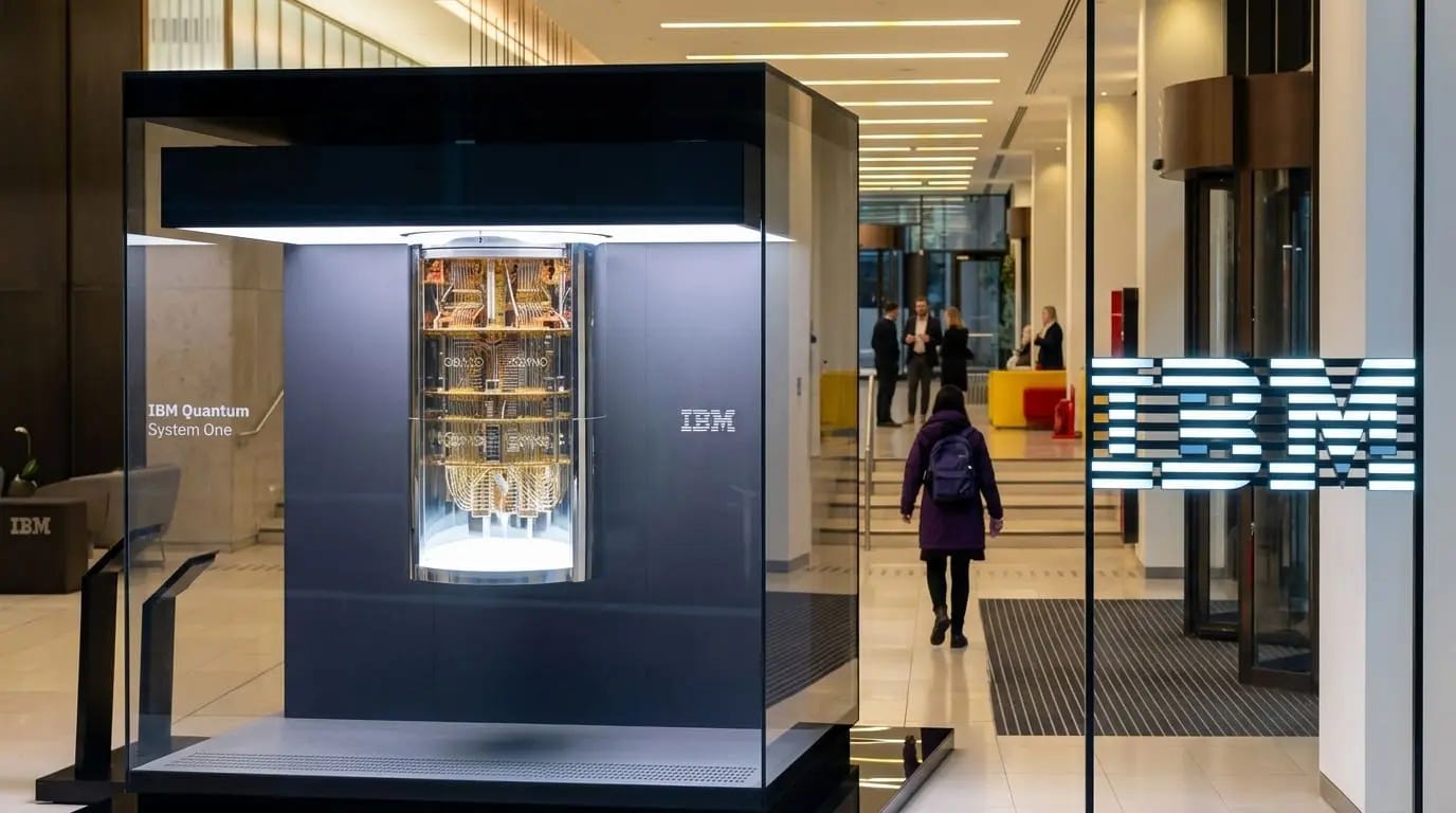 Should Big Blue Break Up? Will Ibm Spin Off Its Quantum Division? IBM Quantum System One on display in a corporate lobby beside an illuminated IBM logo