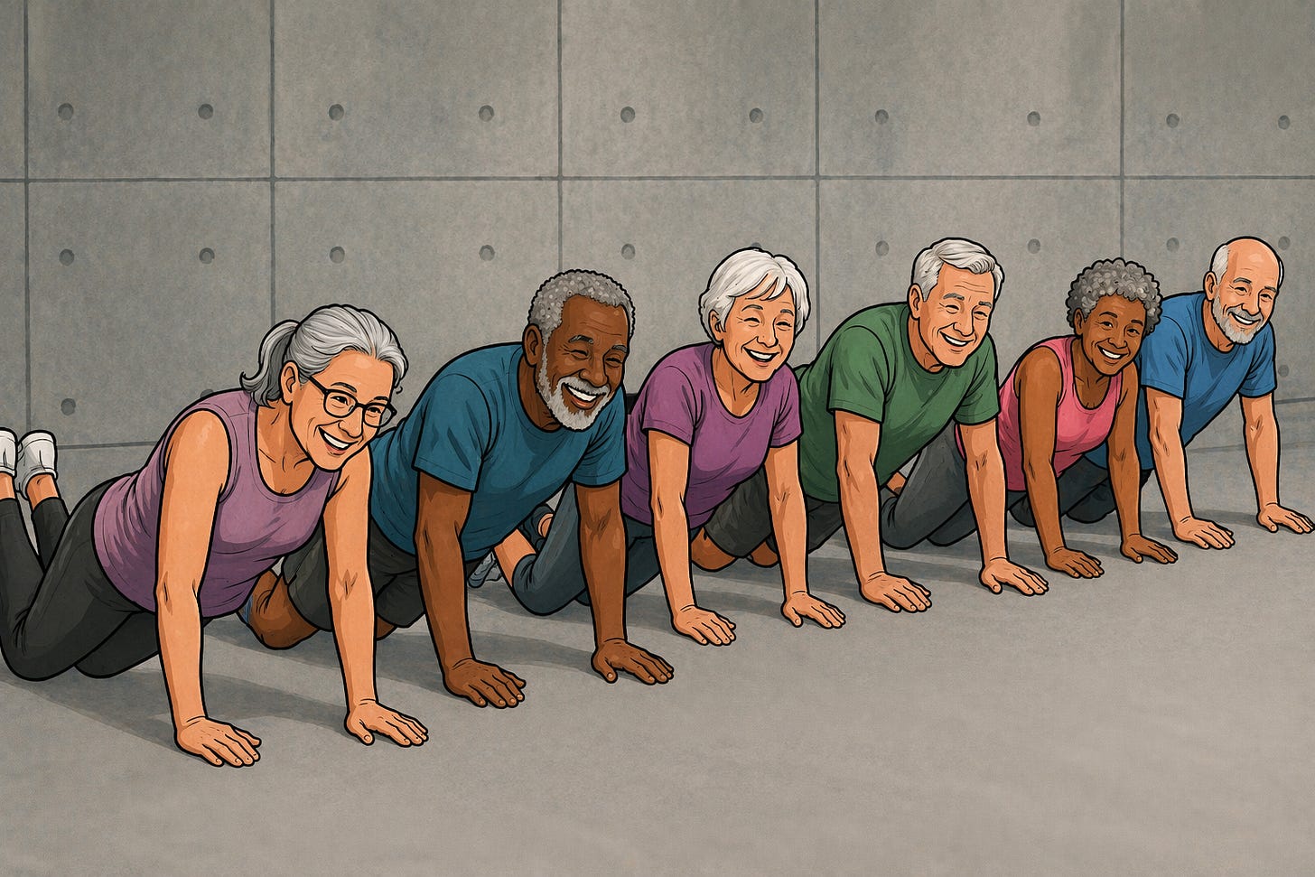 A row of seniors performing a knee press-up