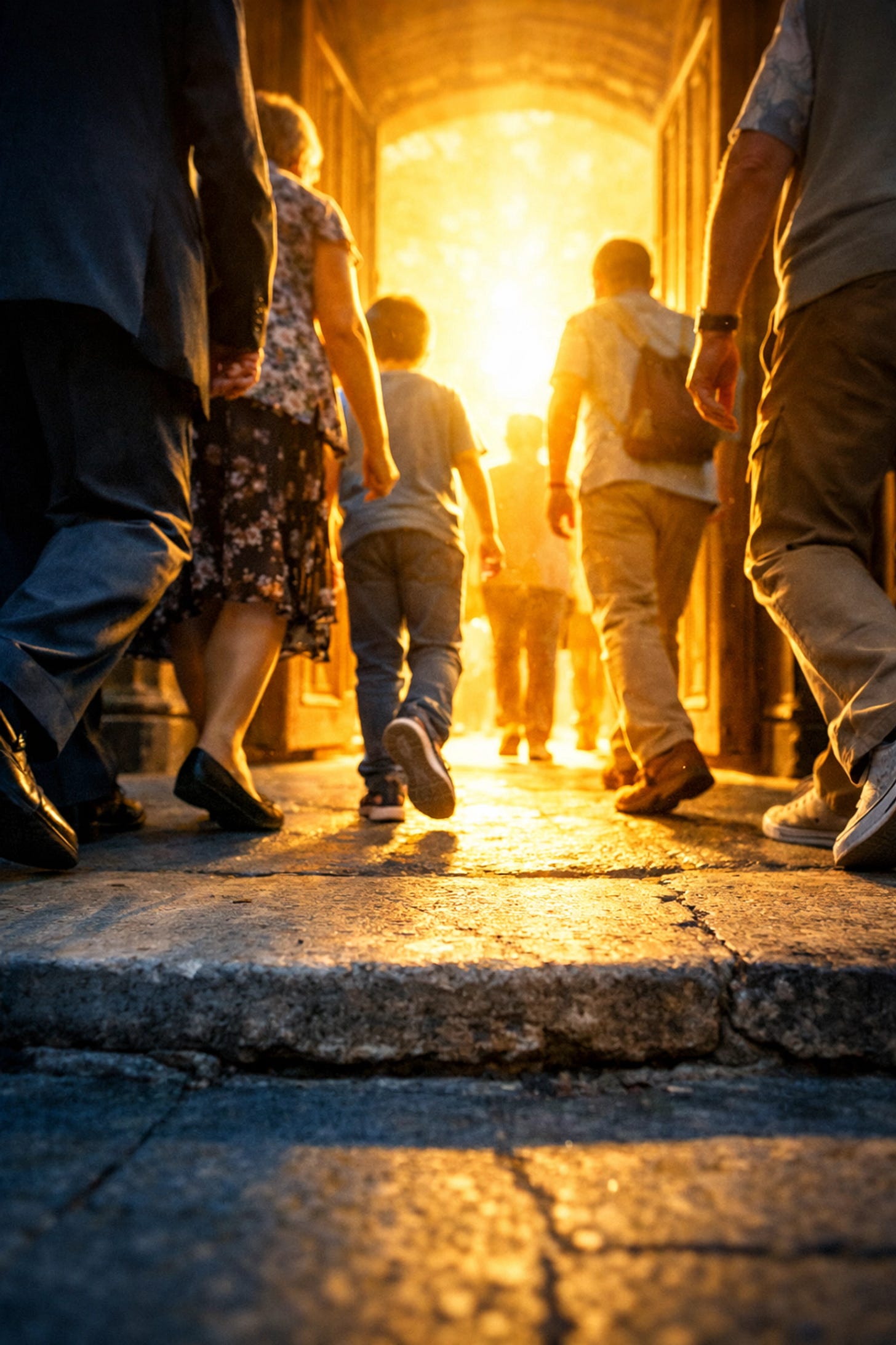 Diverse people walk through open church doors into golden light, symbolizing the return to the Catholic Church.