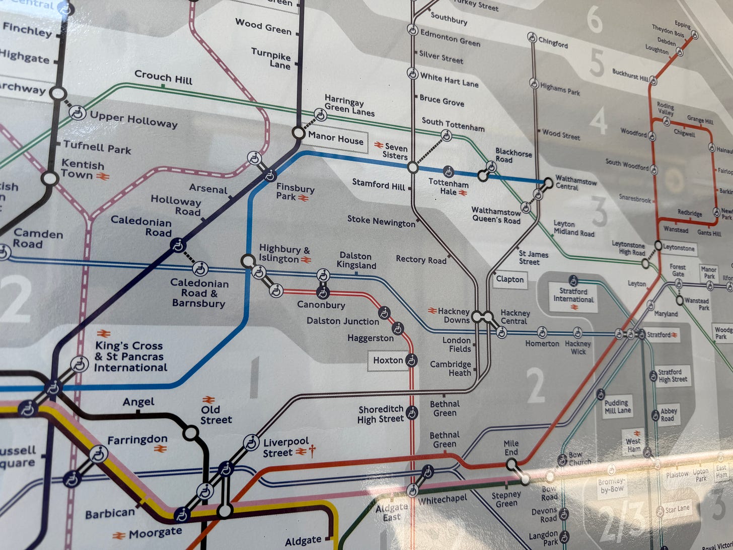 Photo of the north eastern part of the tube map showing various Overground lines.