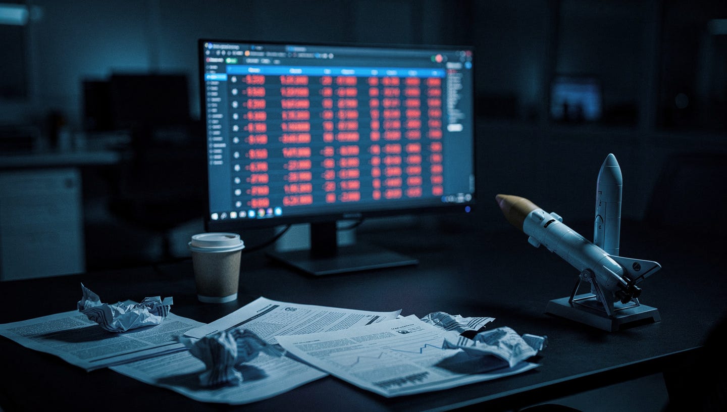 Photorealistic wide-format editorial image. A sleek modern financial analyst's desk at night, dramatically lit by a single cold blue monitor light. On the screen, a spreadsheet with deep red negative numbers and loss figures is clearly visible but slightly blurred. Scattered across the dark desk: crumpled financial reports, a coffee cup, and a small SpaceX rocket model toy facing away from the screen as if ignoring the data. The atmosphere is tense, moody and corporate. Deep shadows, blue and red color palette, cinematic contrast, no text readable, no logos, 16:9, photojournalism style, Bloomberg editorial aesthetic. Photorealistic wide-format editorial image. A sleek modern financial analyst's desk at night, dramatically lit by a single cold blue monitor light. On the screen, a spreadsheet with deep red negative numbers and loss figures is clearly visible but slightly blurred. Scattered across the dark desk: crumpled financial reports, a coffee cup, and a small SpaceX rocket model toy facing away from the screen as if ignoring the data. The atmosphere is tense, moody and corporate. Deep shadows, blue and red color palette, cinematic contrast, no text readable, no logos, 16:9, photojournalism style, Bloomberg editorial aesthetic.