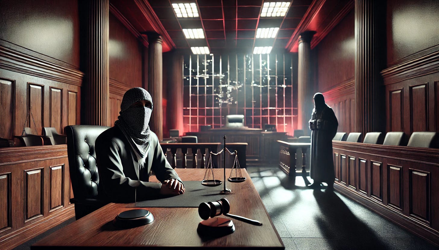 A digital artwork depicting a courtroom scene, with a polished and professional legal setting. The courtroom is grand, with tall wooden walls and a judge's bench at the center. The judge, a middle-aged figure, sits with an expression of neutrality, but there’s an unsettling presence in the atmosphere. In the background, a shadowy figure partially obscured by a keffiyeh mask stands, blending into the shadows, symbolizing a hidden, darker force. The lighting is dim, creating a contrast of dark shadows creeping over the proceedings, with the figure lurking in the periphery. The details in the background, such as faint red lighting and fragmented glass, hint at chaos beneath the surface. Created using: dark, moody lighting, subtle tension, shadows playing off the legal elements, high-definition quality, high contrast between light and dark, cinematic style, symbolic representation, unsettling atmosphere --ar 16:9