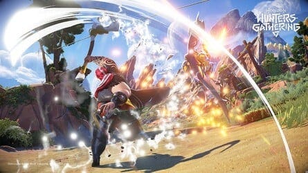 Horizon Hunters Gathering gameplay showing three Hunters fighting a large machine enemy