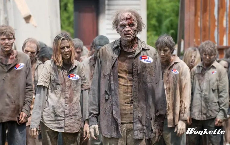 Walking Dead zombies with 'I voted' stickers hastily photoshopped onto their clothes Walking Dead zombies with 'I voted' stickers hastily photoshopped onto their clothes