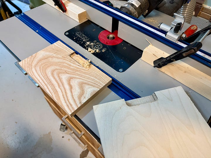 Four woodworking steps. Top left: book diagram showing joinery details. Top right: online shopping page for router bits. Bottom left: cutting a groove in a drawer front on a router table. Bottom right: close-up of a routed handle slot in a wooden board.
