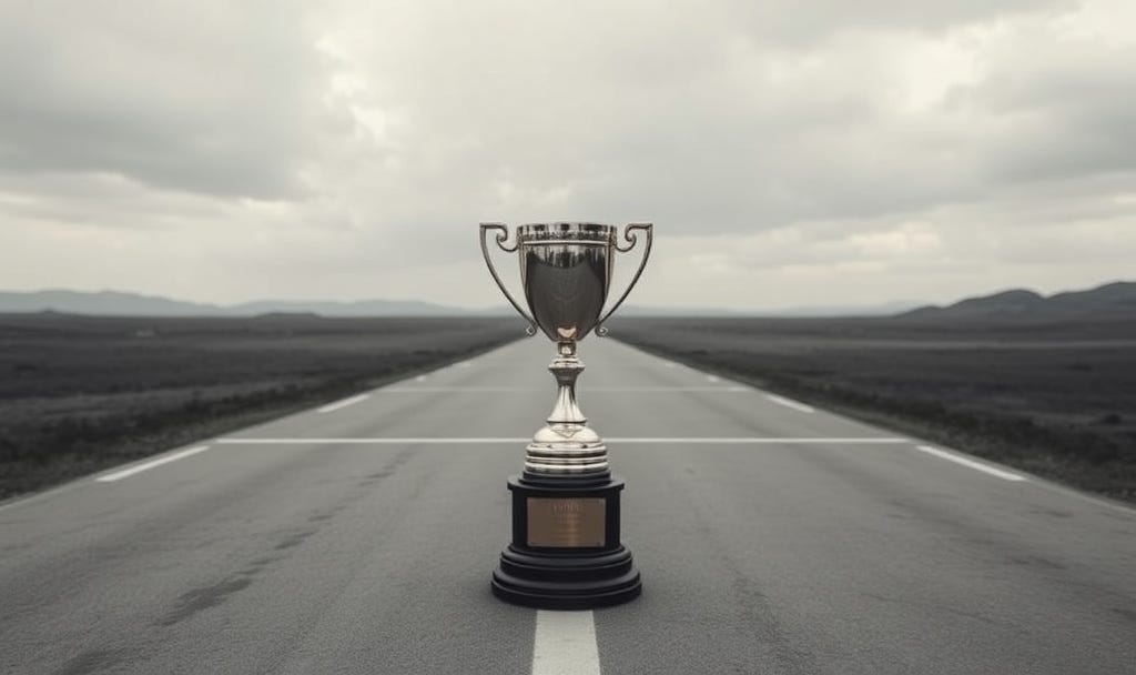 A stark, black-and-white photograph of a long, straight road stretching toward a distant horizon in a barren landscape. A single, ornate silver trophy stands prominently in the center of the foreground on the asphalt. The overcast sky and empty surroundings evoke a sense of isolated achievement and the 'Winner's Curse'.