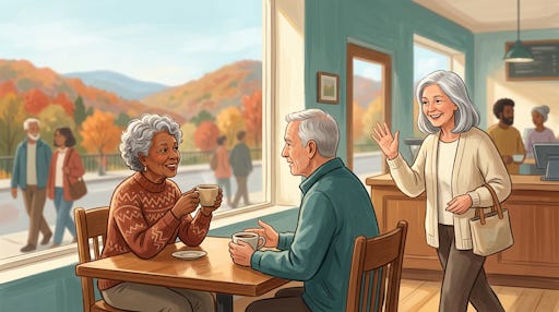 Seniors meeting at a coffee shop. Seniors meeting at a coffee shop.
