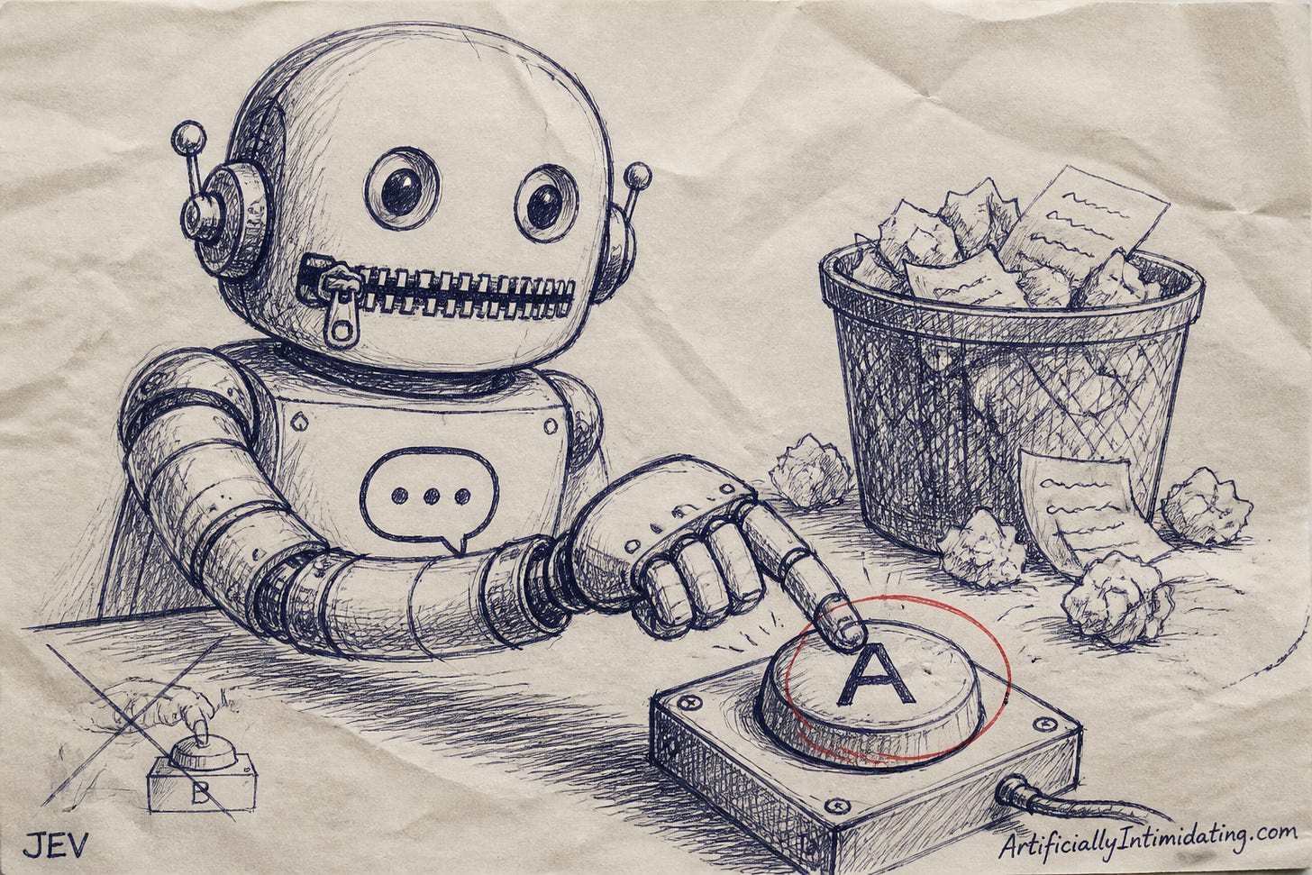 Hand-drawn sketch of a small robot with its mouth zipped shut, pointing directly at a button labeled A, skipping a trash bin full of crumpled draft paper.