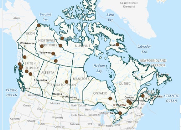 Map of Canada showing major nation-building projects clustered especially in British Columbia, Alberta, the North, Ontario, and parts of Eastern Canada, indicating another regional demand wave.