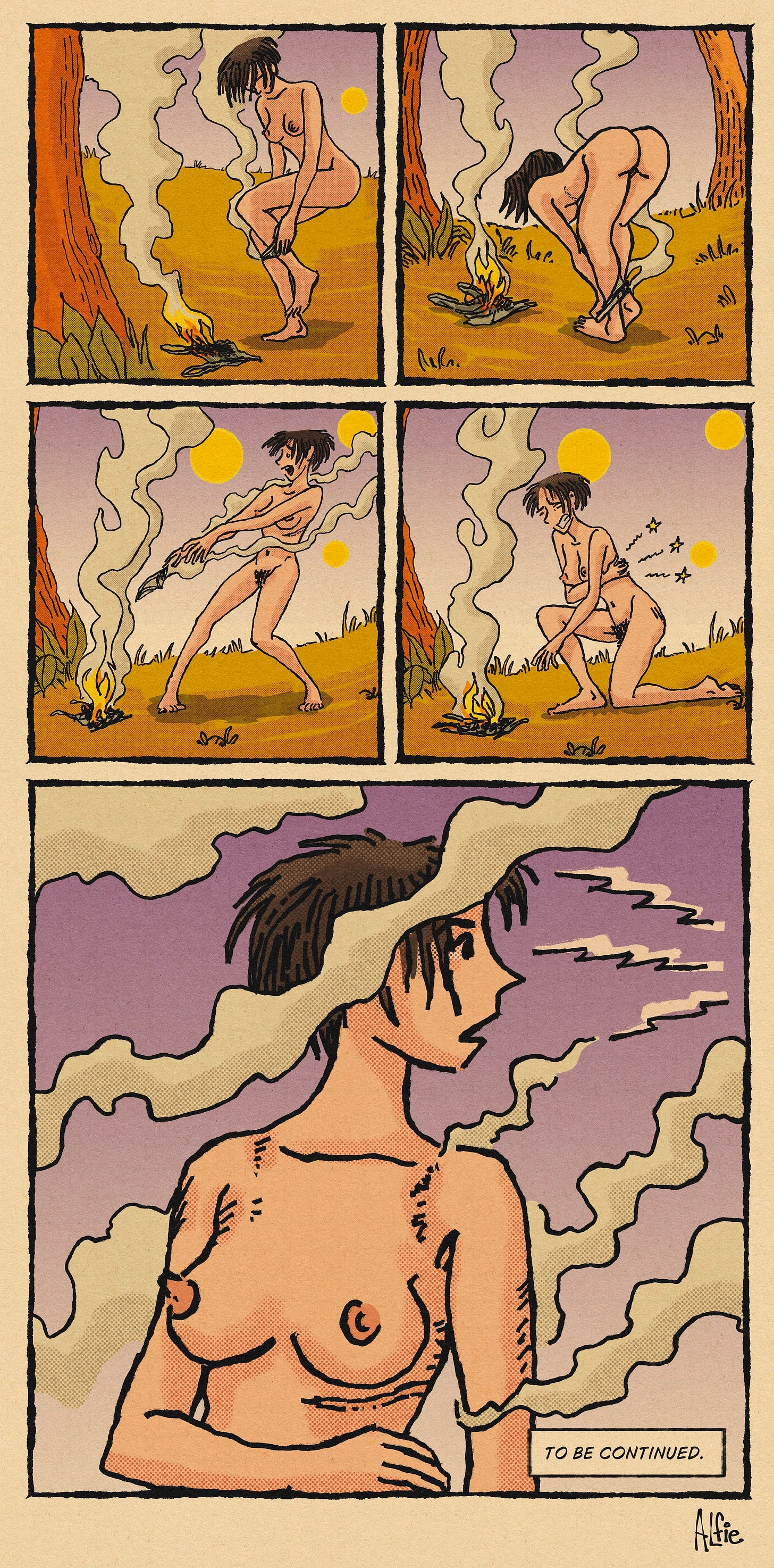 • Panel 1: Nova yanks off her remaining clothing, bending down to remove her underwear as smoke rises around her. • Panel 2: She pulls the garment free and tosses it aside as it begins to ignite. • Panel 3: Fully nude, Nova recoils as the discarded clothing erupts into flames on the ground. • Panel 4: She reacts to the heat on her body, her back now burning and her skin beginning to smoke as she tries to steady herself. • Panel 5 (bottom wide): Nova turns her head sharply toward something off-frame, alerted by a sudden noise, as smoke drifts across her face. A caption reads “To be continued.” • Panel 1: Nova yanks off her remaining clothing, bending down to remove her underwear as smoke rises around her. • Panel 2: She pulls the garment free and tosses it aside as it begins to ignite. • Panel 3: Fully nude, Nova recoils as the discarded clothing erupts into flames on the ground. • Panel 4: She reacts to the heat on her body, her back now burning and her skin beginning to smoke as she tries to steady herself. • Panel 5 (bottom wide): Nova turns her head sharply toward something off-frame, alerted by a sudden noise, as smoke drifts across her face. A caption reads “To be continued.”