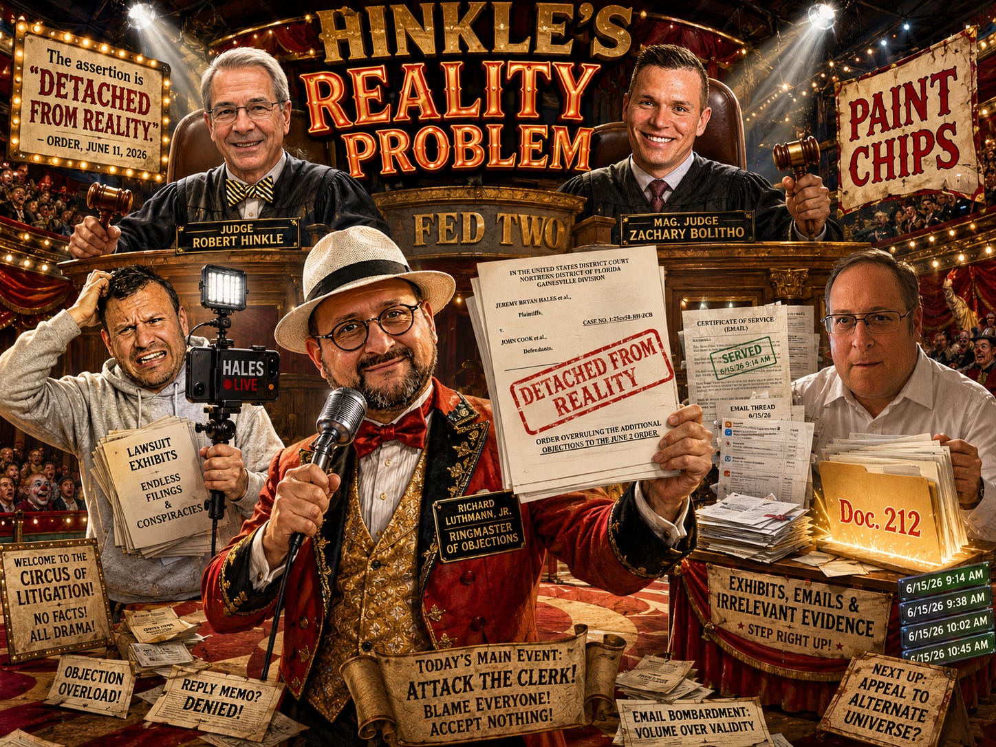 Judge Hinkle’s Reality Problem: Order calls Luthmann “detached from reality” as Fed Two becomes a media circus involving Hales and Shochet.