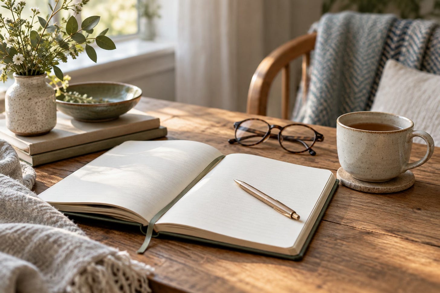 Open notebook, pen, glasses, and tea on a wooden table, suggesting reflective preparation before being visible.