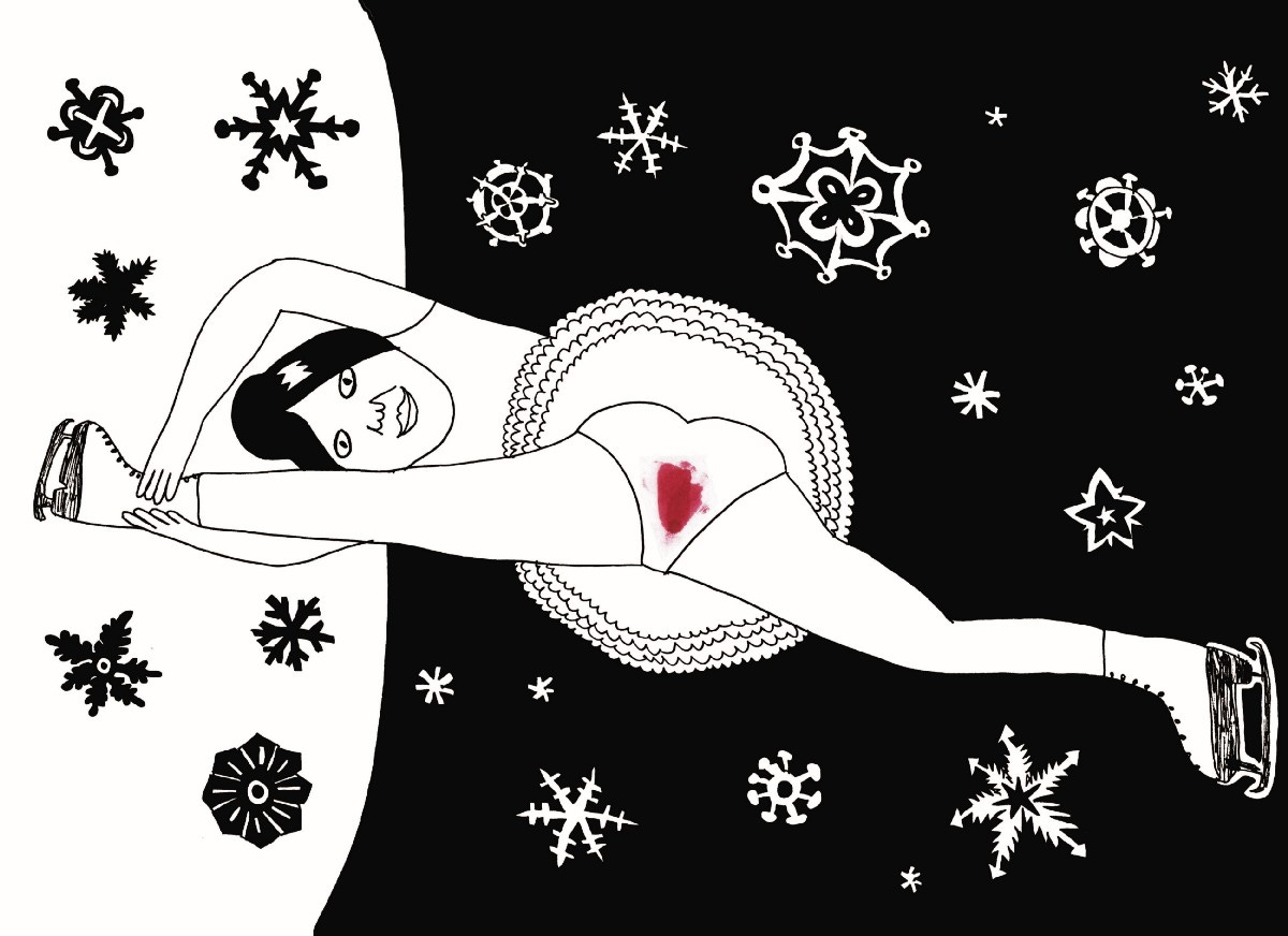 desenho em preto e branco de uma mulher de patins com as pernas abertas, calcinha à mostra, onde se vê uma mancha vermelha de sangue. o fundo é preto e branco, um terço branco com desenho de flocos de neve em preto e dois terços é fundo preto com as nevezinhas em branco.