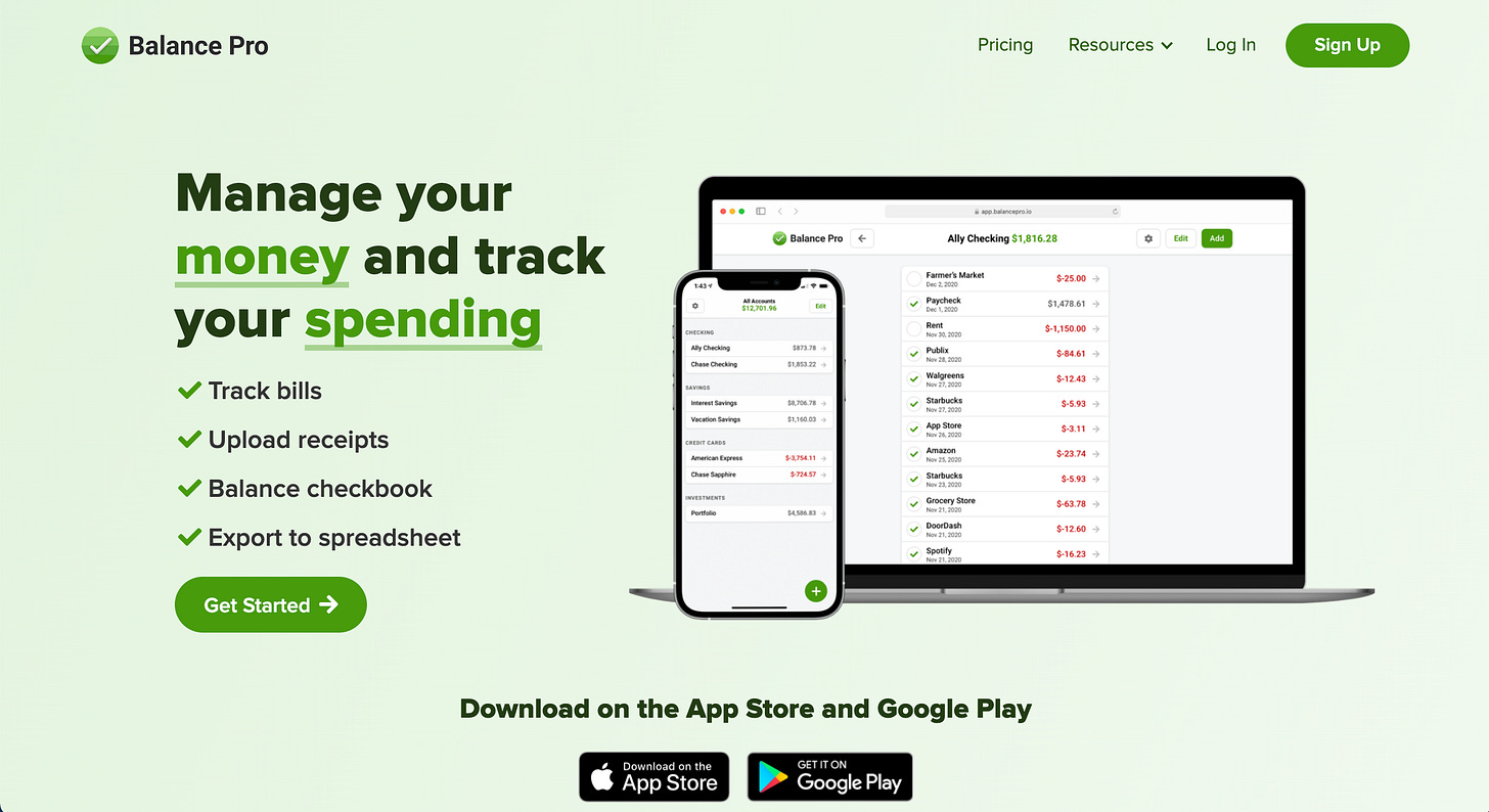 balance pro bubble.io landing page