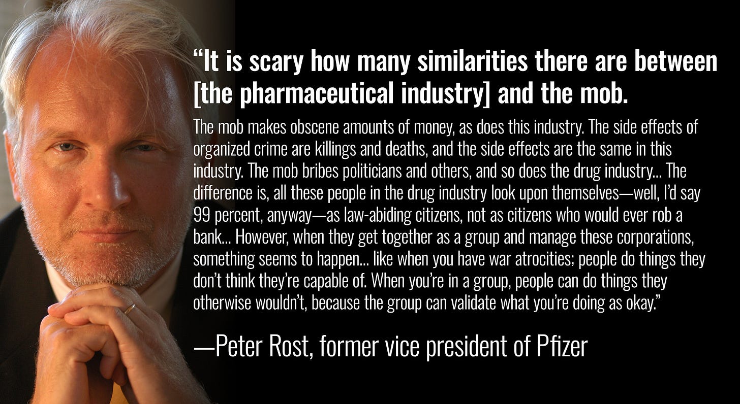 Quote from Peter Rost, former Pfizer VP, comparing the pharmaceutical industry to organized crime, highlighting similarities like bribery, profit motives, and the psychological effects of group behavior.
